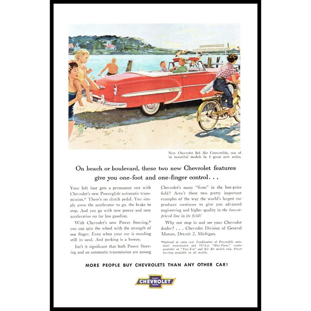 1953 Chevy Bel Air Convertible Vintage Print Ad Beach Lake Swimming Wall Art